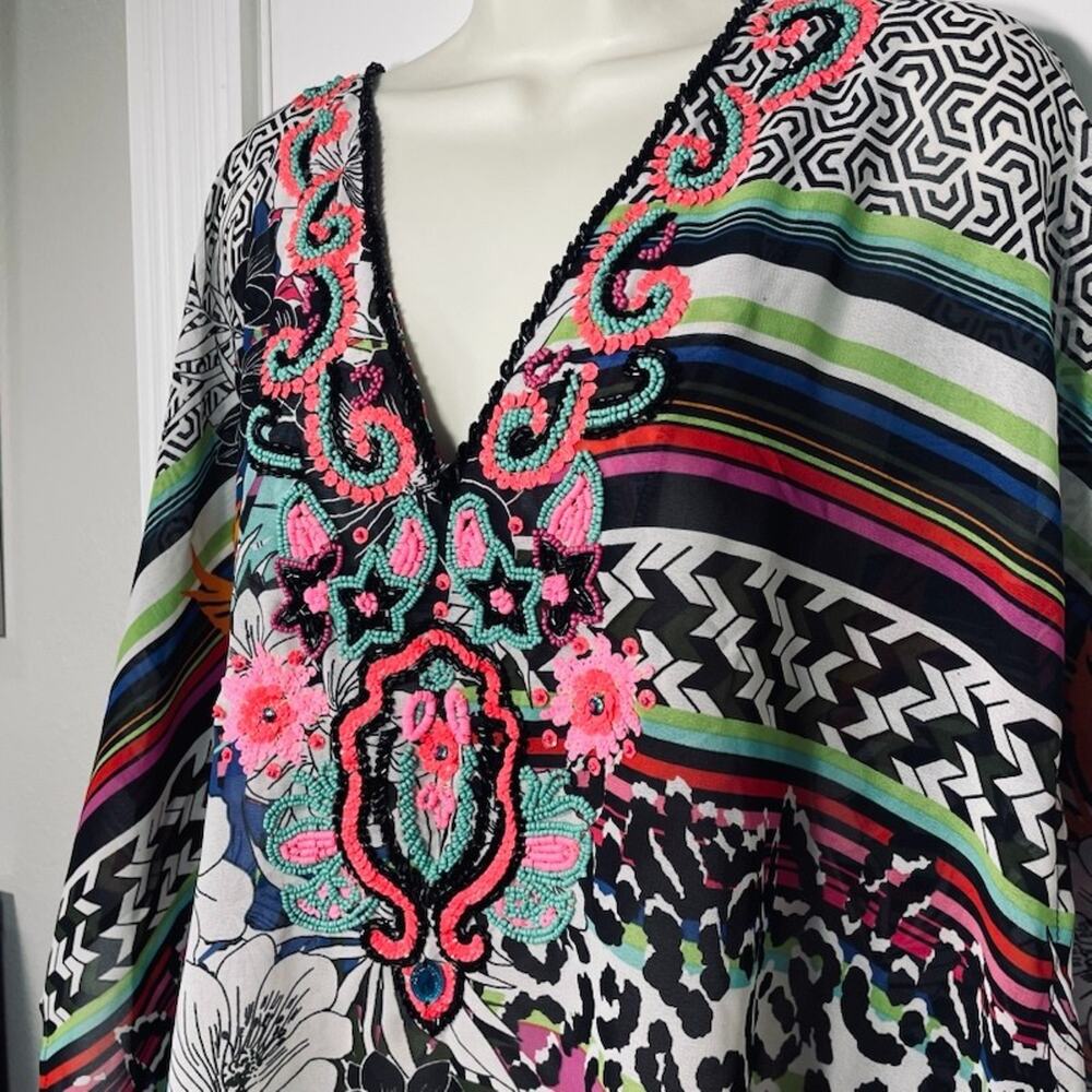 Lucky & Coco Sequin Tunic Top Large Multi Color Jeweled V Neck Caftan Coverup L